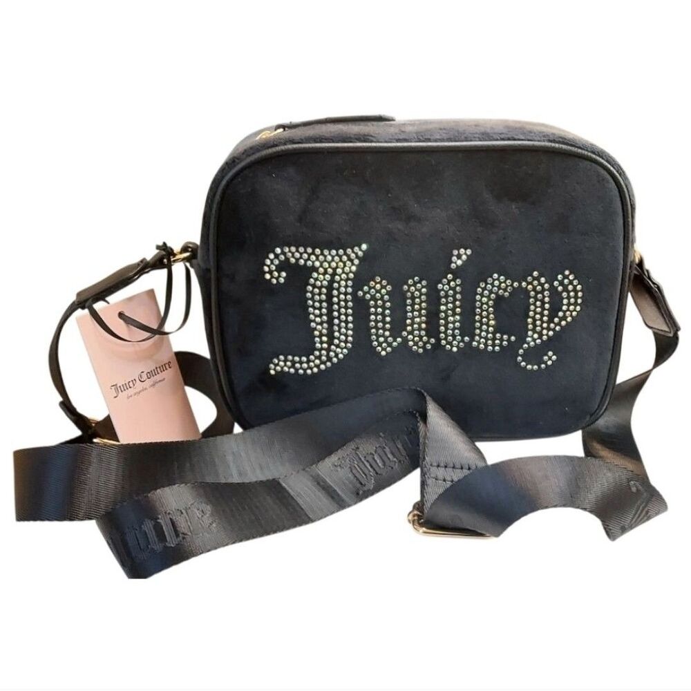 Juicy Couture Black Velour Crossbody Bag Purse with Rhinestone Logo